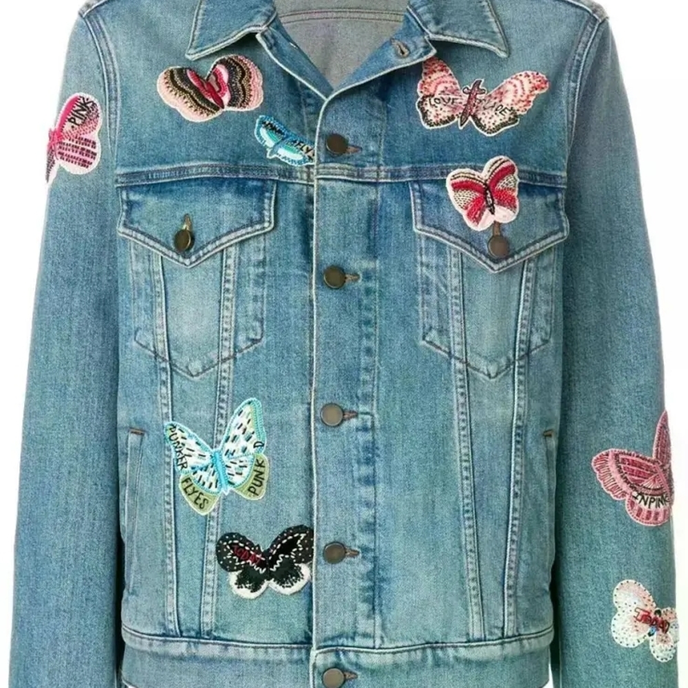 Valentino Light Blue Denim Jacket with Multicolor Butterfly Patches